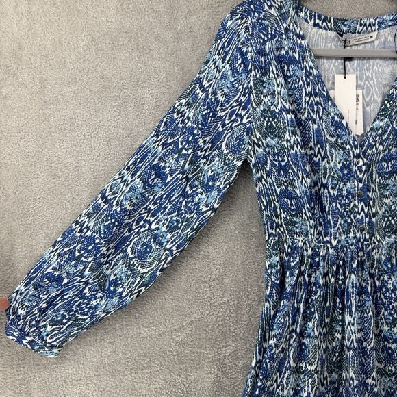 Zara Dress XS Blue White Animal Print Mini A-Line V-Neck Long Ballon Sleeves NWT - Picture 5 of 14